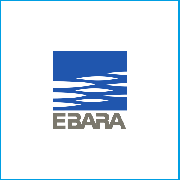 Logo von EBARA mit blauen Wellenlinien über dem Schriftzug.