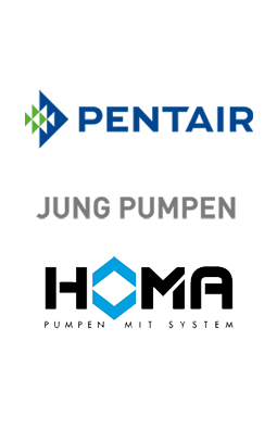 Logo von Pentair, Jung Pumpen und Homa, die Pumpensysteme anbieten.