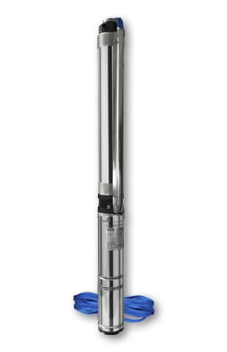 Tauchpumpe aus Edelstahl mit blauer Kabelwicklung.