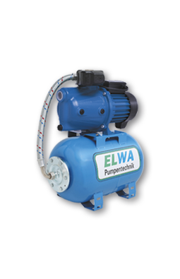 Blaues Pumpensystem mit Motor und Wassertank, beschriftet mit "ELWA".