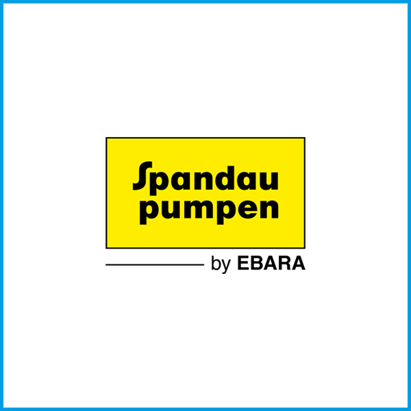 Logo von Spandau Pumpen, gelbes Rechteck mit schwarzem Text, darunter "by EBARA".
