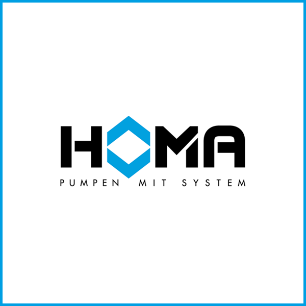 Logo von HOMA, mit dem Slogan "Pumpen mit System" in schwarzer Schrift.