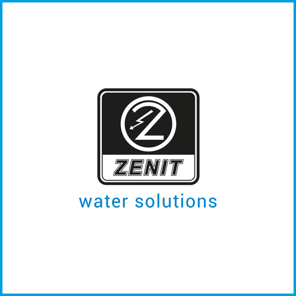 Logo von Zenit mit dem Slogan "water solutions" in blauer Schrift.