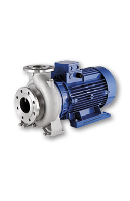 Blaue Pumpe mit Elektromotor und verchromtem Gehäuse zur Flüssigkeitsförderung.